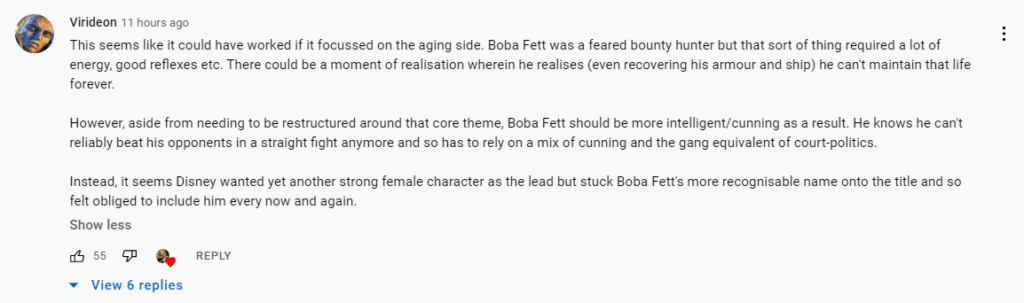 User Virideon - This seems like it could have worked if it focussed on the aging side. Boba Fett was a feared bounty hunter but that sort of thing required a lot of energy, good reflexes etc. There could be a moment of realisation wherein he realises (even recovering his armour and ship) he can't maintain that life forever. 

However, aside from needing to be restructured around that core theme, Boba Fett should be more intelligent/cunning as a result. He knows he can't reliably beat his opponents in a straight fight anymore and so has to rely on a mix of cunning and the gang equivalent of court-politics.

Instead, it seems Disney wanted yet another strong female character as the lead but stuck Boba Fett's more recognisable name onto the title and so felt obliged to include him every now and again.